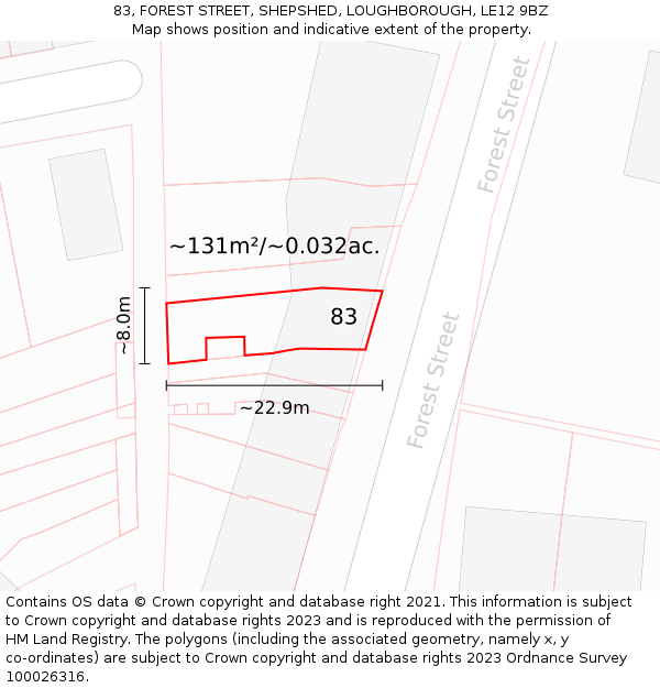 83, FOREST STREET, SHEPSHED, LOUGHBOROUGH, LE12 9BZ: Plot and title map