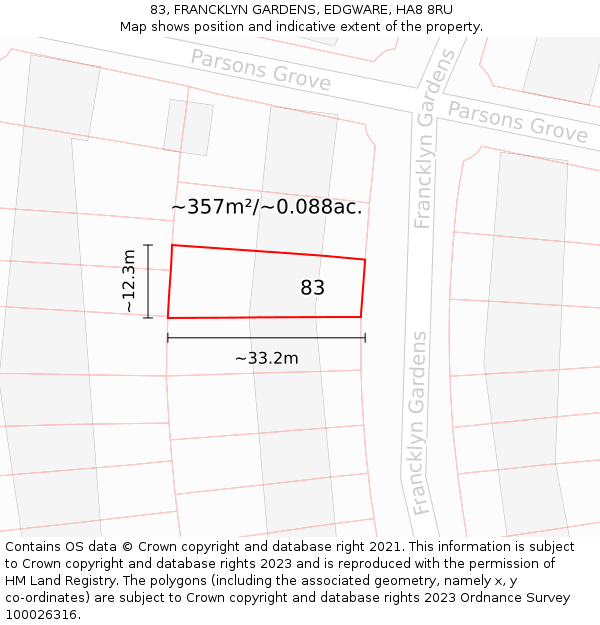 83, FRANCKLYN GARDENS, EDGWARE, HA8 8RU: Plot and title map