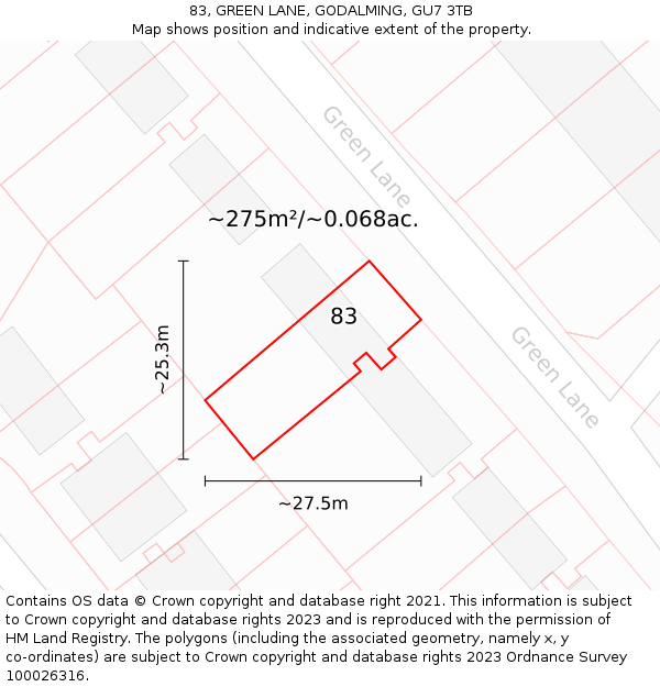 83, GREEN LANE, GODALMING, GU7 3TB: Plot and title map