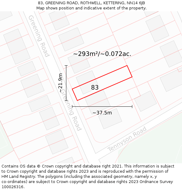 83, GREENING ROAD, ROTHWELL, KETTERING, NN14 6JB: Plot and title map