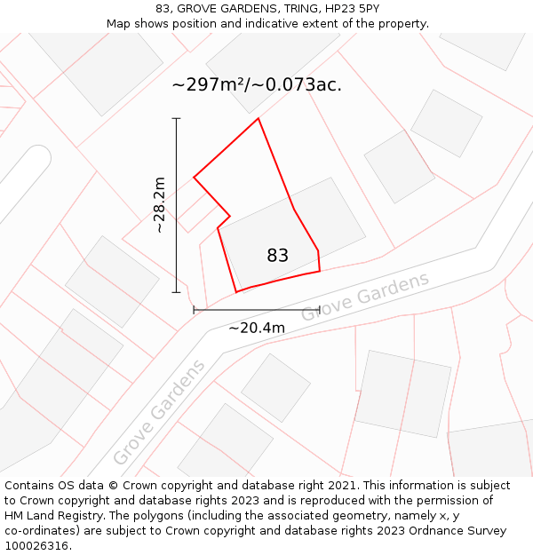 83, GROVE GARDENS, TRING, HP23 5PY: Plot and title map