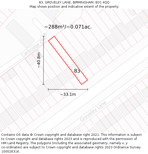 83, GROVELEY LANE, BIRMINGHAM, B31 4QQ: Plot and title map