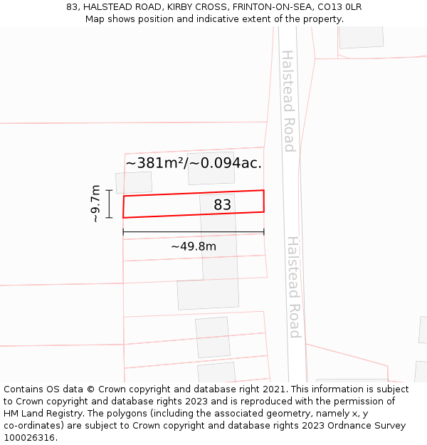 83, HALSTEAD ROAD, KIRBY CROSS, FRINTON-ON-SEA, CO13 0LR: Plot and title map