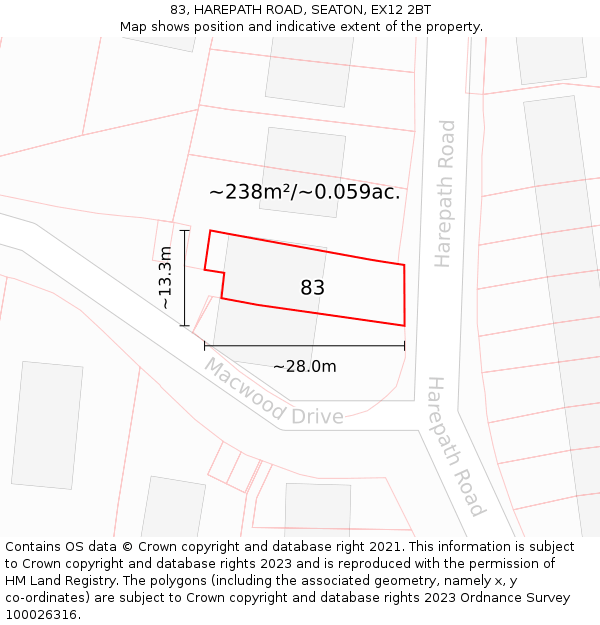 83, HAREPATH ROAD, SEATON, EX12 2BT: Plot and title map