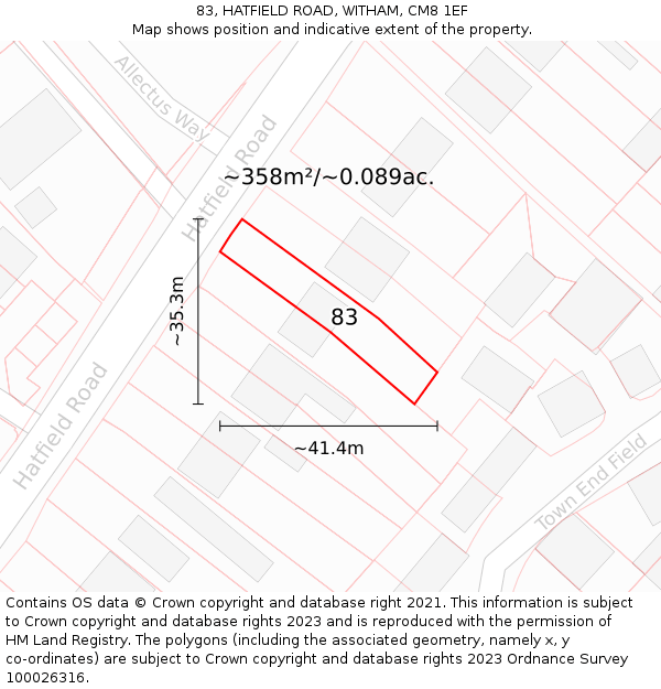 83, HATFIELD ROAD, WITHAM, CM8 1EF: Plot and title map