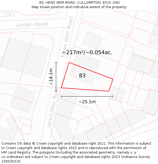 83, HEAD WEIR ROAD, CULLOMPTON, EX15 1NN: Plot and title map