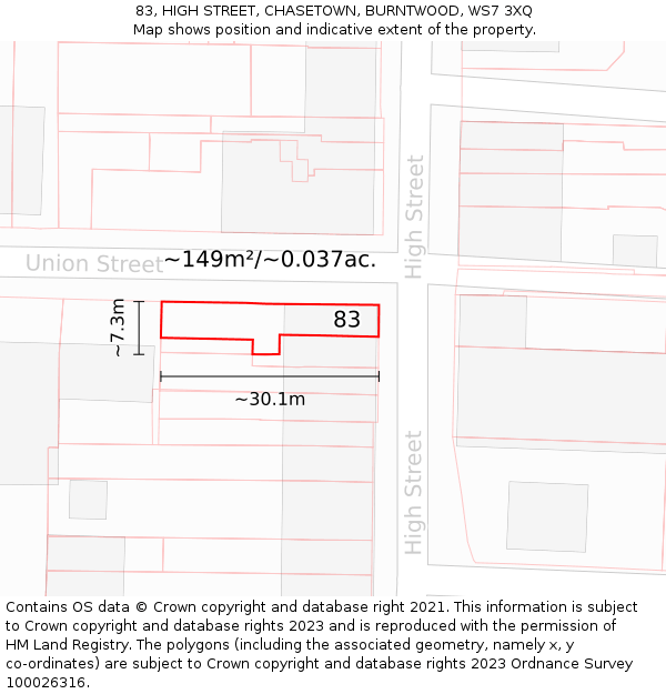 83, HIGH STREET, CHASETOWN, BURNTWOOD, WS7 3XQ: Plot and title map