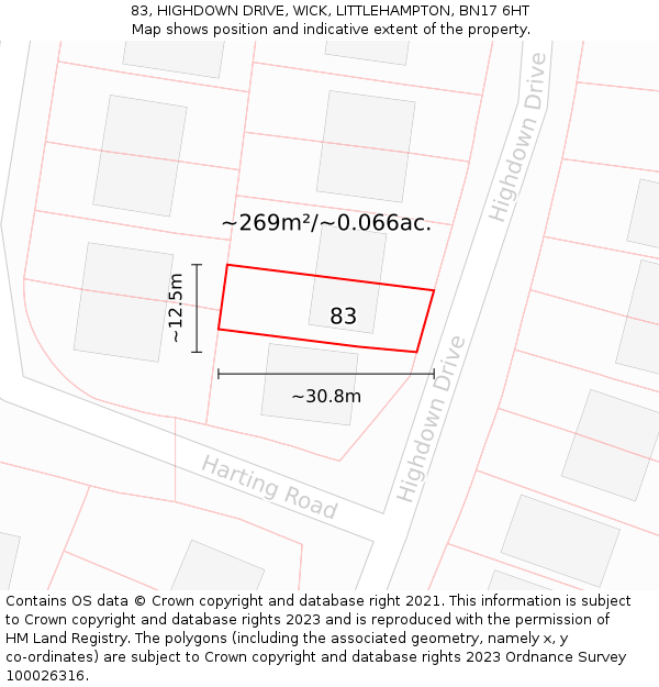 83, HIGHDOWN DRIVE, WICK, LITTLEHAMPTON, BN17 6HT: Plot and title map