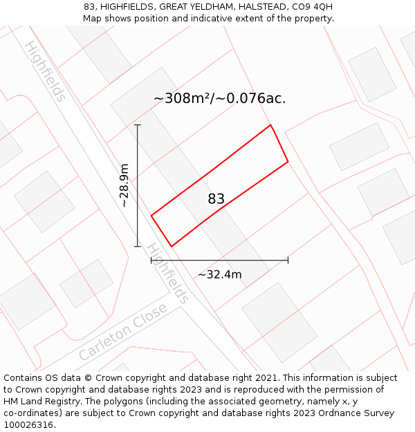 83, HIGHFIELDS, GREAT YELDHAM, HALSTEAD, CO9 4QH: Plot and title map