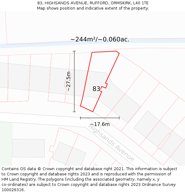 83, HIGHSANDS AVENUE, RUFFORD, ORMSKIRK, L40 1TE: Plot and title map