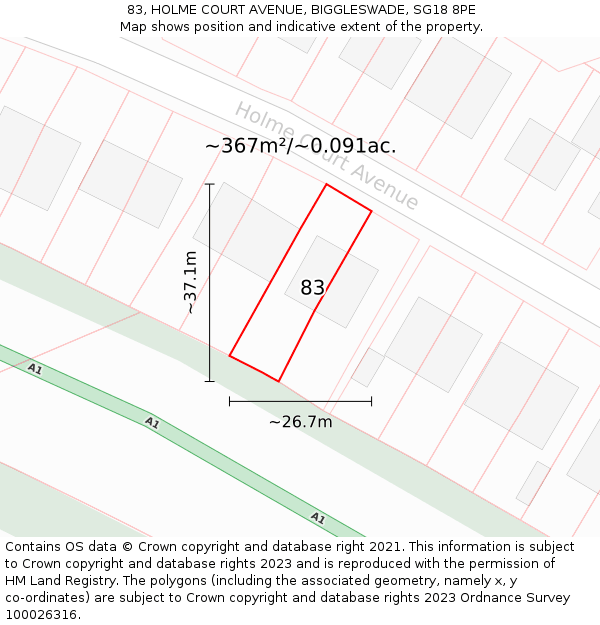 83, HOLME COURT AVENUE, BIGGLESWADE, SG18 8PE: Plot and title map