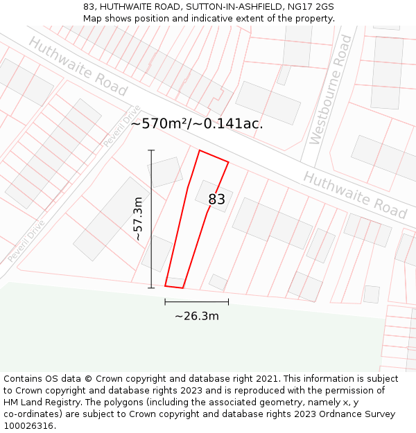 83, HUTHWAITE ROAD, SUTTON-IN-ASHFIELD, NG17 2GS: Plot and title map