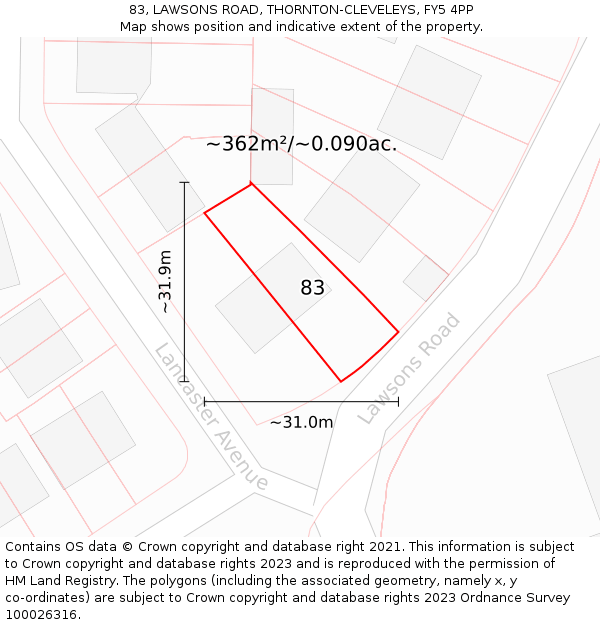 83, LAWSONS ROAD, THORNTON-CLEVELEYS, FY5 4PP: Plot and title map