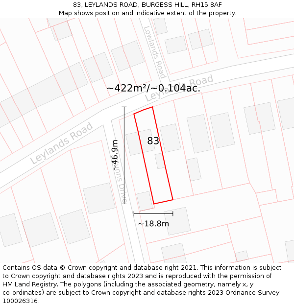 83, LEYLANDS ROAD, BURGESS HILL, RH15 8AF: Plot and title map