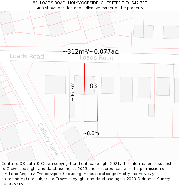 83, LOADS ROAD, HOLYMOORSIDE, CHESTERFIELD, S42 7ET: Plot and title map