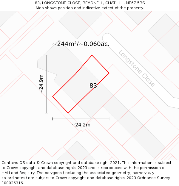83, LONGSTONE CLOSE, BEADNELL, CHATHILL, NE67 5BS: Plot and title map