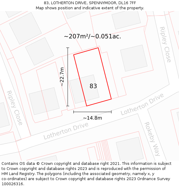 83, LOTHERTON DRIVE, SPENNYMOOR, DL16 7FF: Plot and title map