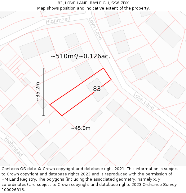 83, LOVE LANE, RAYLEIGH, SS6 7DX: Plot and title map