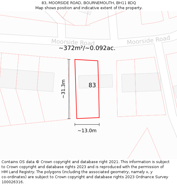 83, MOORSIDE ROAD, BOURNEMOUTH, BH11 8DQ: Plot and title map