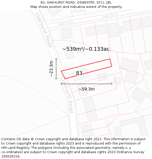 83, OAKHURST ROAD, OSWESTRY, SY11 1BL: Plot and title map