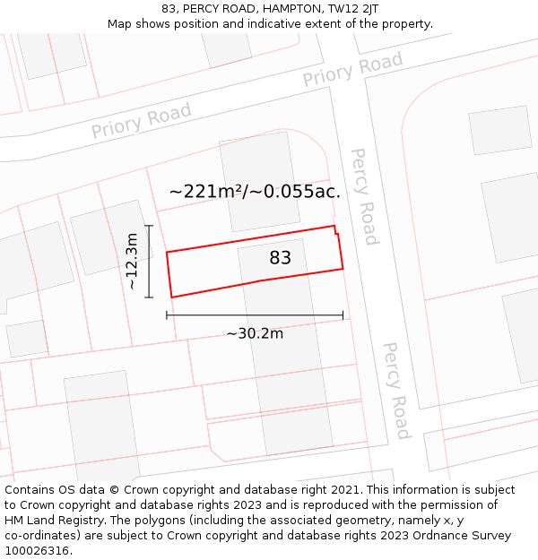 83, PERCY ROAD, HAMPTON, TW12 2JT: Plot and title map