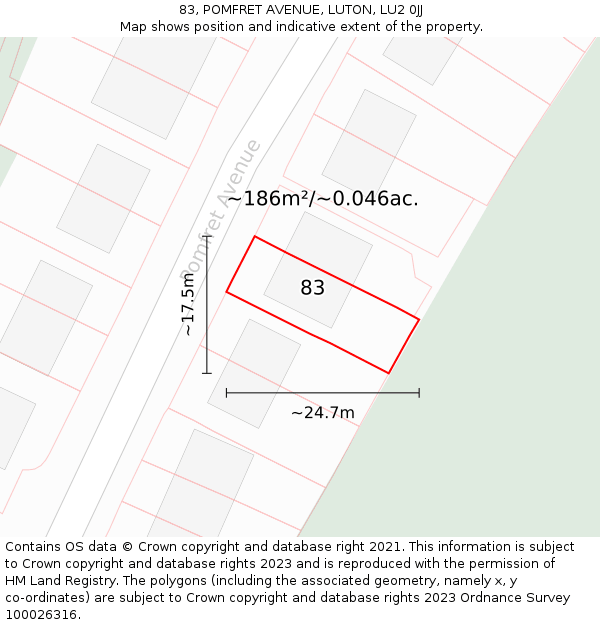 83, POMFRET AVENUE, LUTON, LU2 0JJ: Plot and title map