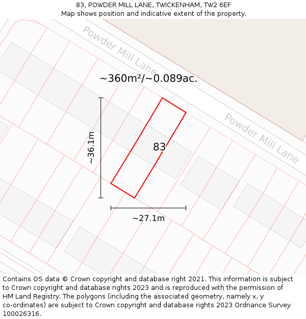 83, POWDER MILL LANE, TWICKENHAM, TW2 6EF: Plot and title map