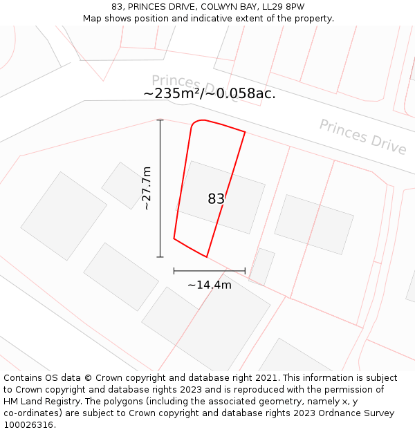 83, PRINCES DRIVE, COLWYN BAY, LL29 8PW: Plot and title map