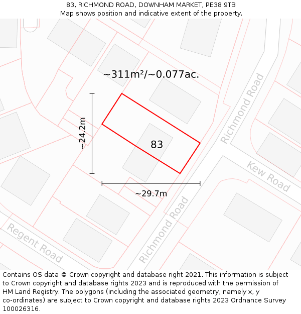 83, RICHMOND ROAD, DOWNHAM MARKET, PE38 9TB: Plot and title map