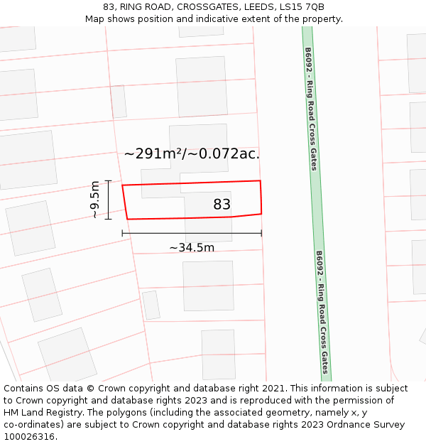 83, RING ROAD, CROSSGATES, LEEDS, LS15 7QB: Plot and title map