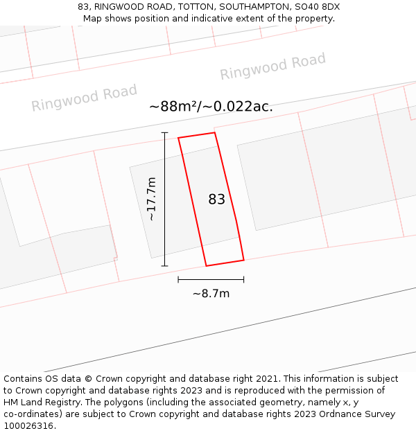 83, RINGWOOD ROAD, TOTTON, SOUTHAMPTON, SO40 8DX: Plot and title map