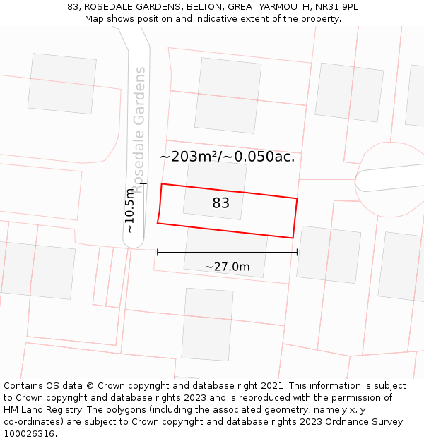 83, ROSEDALE GARDENS, BELTON, GREAT YARMOUTH, NR31 9PL: Plot and title map