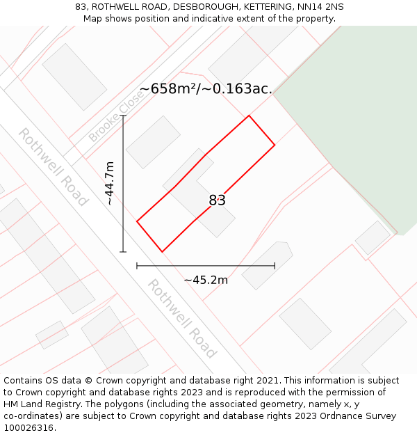 83, ROTHWELL ROAD, DESBOROUGH, KETTERING, NN14 2NS: Plot and title map