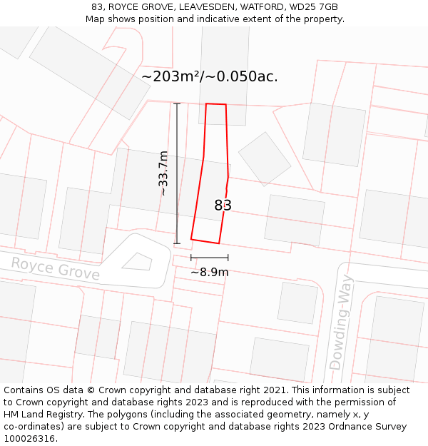 83, ROYCE GROVE, LEAVESDEN, WATFORD, WD25 7GB: Plot and title map