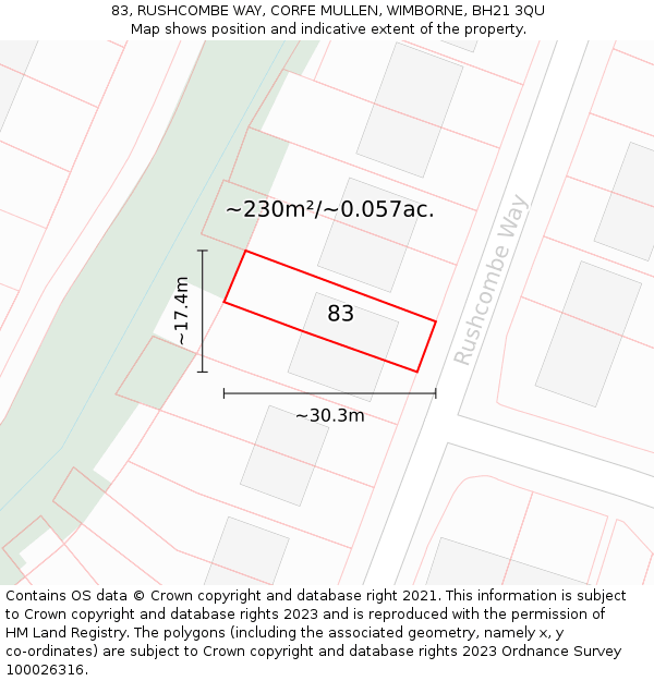 83, RUSHCOMBE WAY, CORFE MULLEN, WIMBORNE, BH21 3QU: Plot and title map