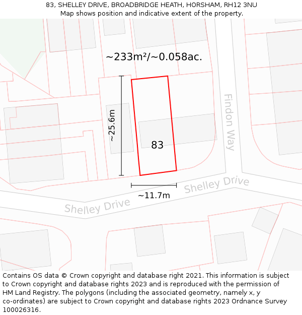 83, SHELLEY DRIVE, BROADBRIDGE HEATH, HORSHAM, RH12 3NU: Plot and title map