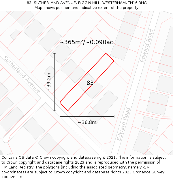 83, SUTHERLAND AVENUE, BIGGIN HILL, WESTERHAM, TN16 3HG: Plot and title map