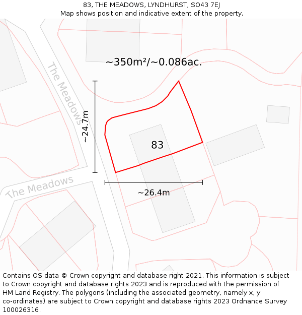 83, THE MEADOWS, LYNDHURST, SO43 7EJ: Plot and title map