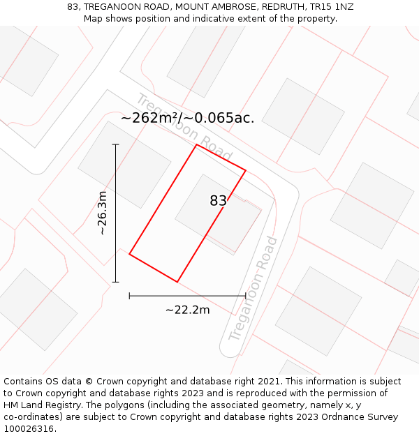 83, TREGANOON ROAD, MOUNT AMBROSE, REDRUTH, TR15 1NZ: Plot and title map