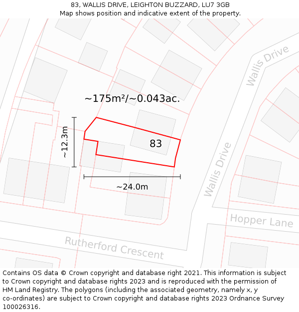 83, WALLIS DRIVE, LEIGHTON BUZZARD, LU7 3GB: Plot and title map