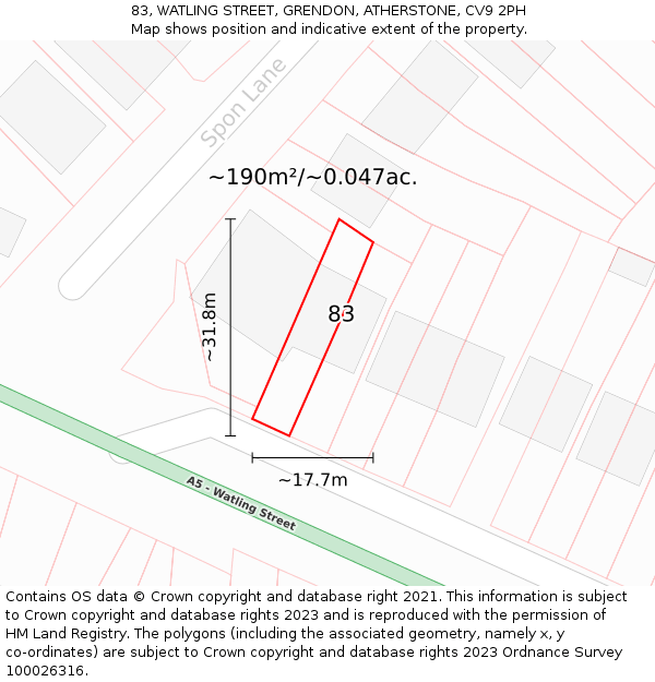 83, WATLING STREET, GRENDON, ATHERSTONE, CV9 2PH: Plot and title map