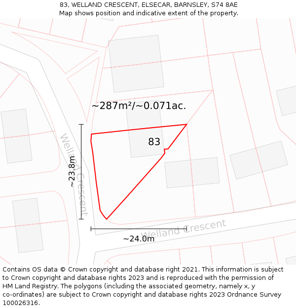 83, WELLAND CRESCENT, ELSECAR, BARNSLEY, S74 8AE: Plot and title map