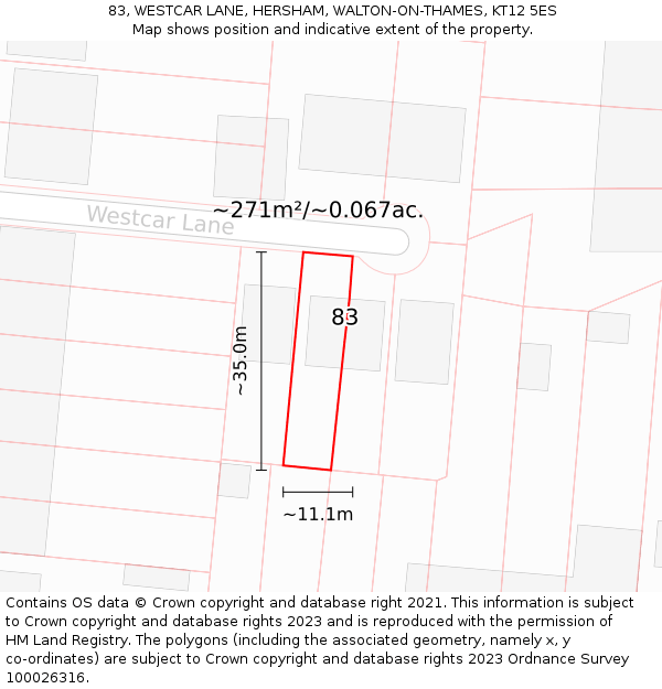 83, WESTCAR LANE, HERSHAM, WALTON-ON-THAMES, KT12 5ES: Plot and title map