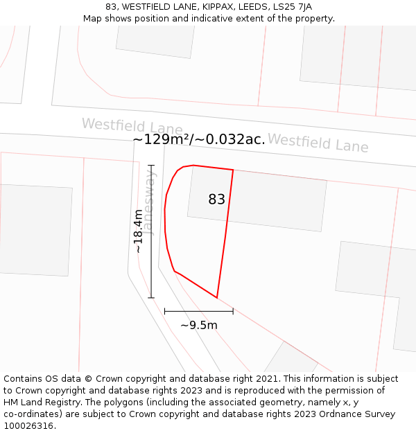 83, WESTFIELD LANE, KIPPAX, LEEDS, LS25 7JA: Plot and title map