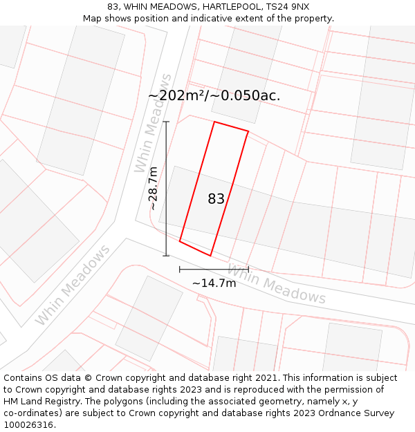 83, WHIN MEADOWS, HARTLEPOOL, TS24 9NX: Plot and title map