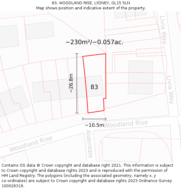 83, WOODLAND RISE, LYDNEY, GL15 5LN: Plot and title map