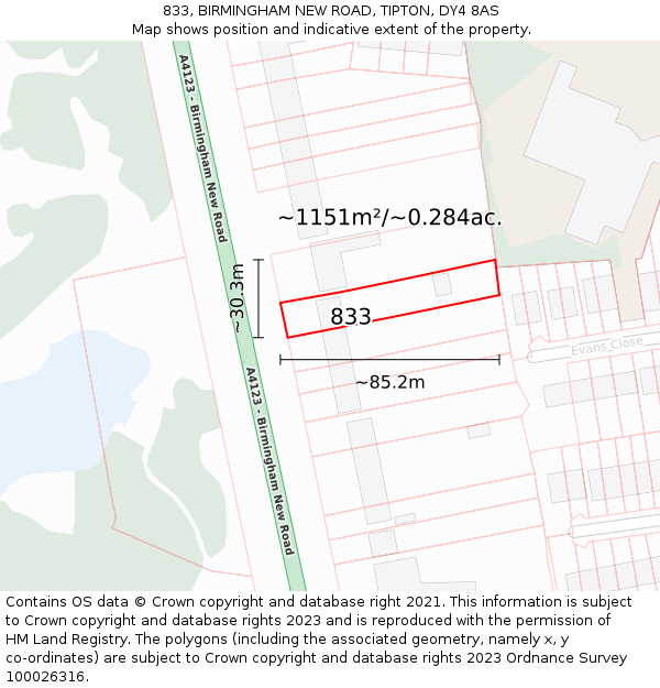 833, BIRMINGHAM NEW ROAD, TIPTON, DY4 8AS: Plot and title map