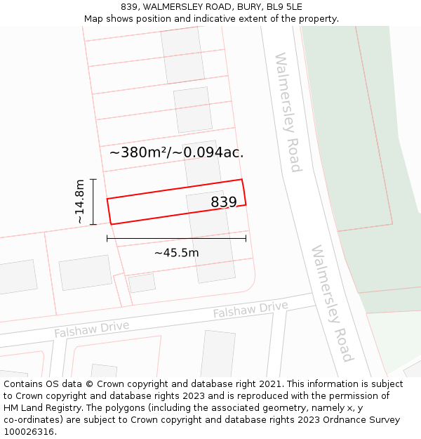 839, WALMERSLEY ROAD, BURY, BL9 5LE: Plot and title map