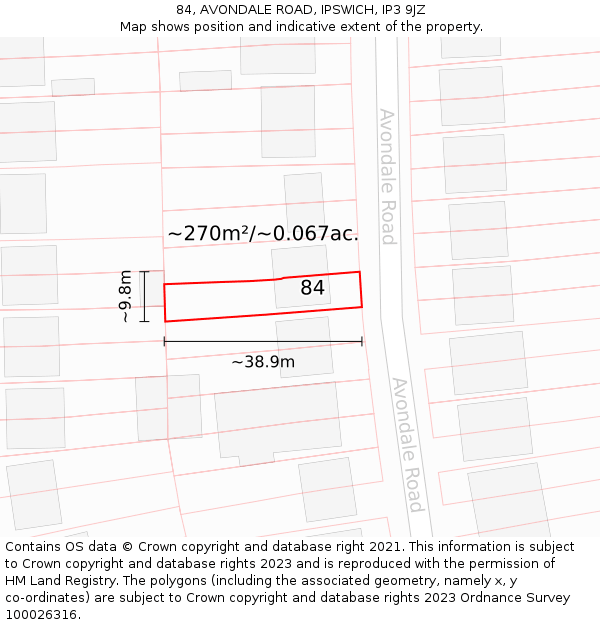 84, AVONDALE ROAD, IPSWICH, IP3 9JZ: Plot and title map