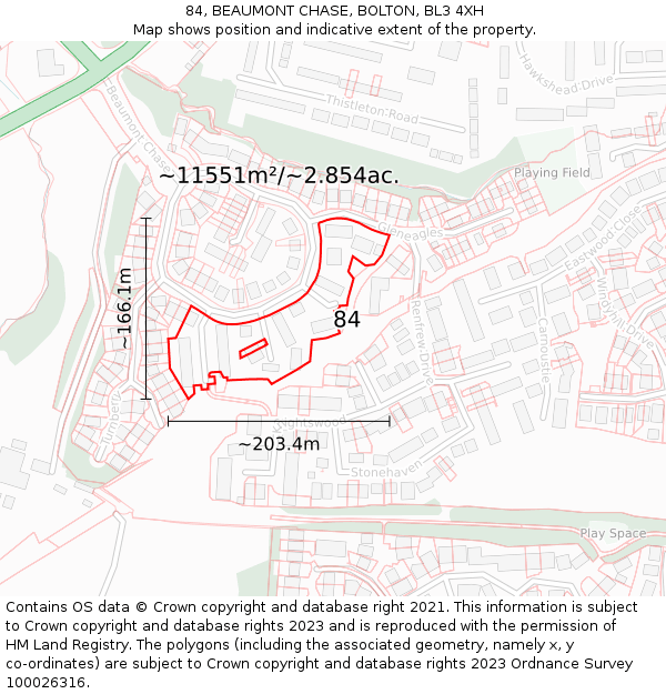 84, BEAUMONT CHASE, BOLTON, BL3 4XH: Plot and title map